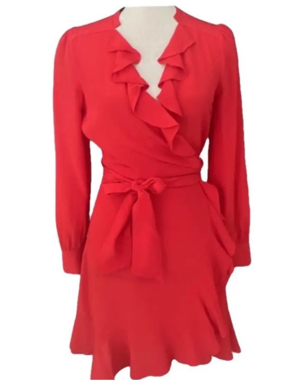 INTERMIX Silk Red Ruffle Wrap Dress with Self Tie